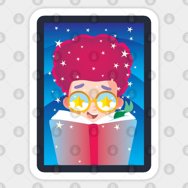 boy with red hair and stars on glasses reads a book Sticker by duxpavlic